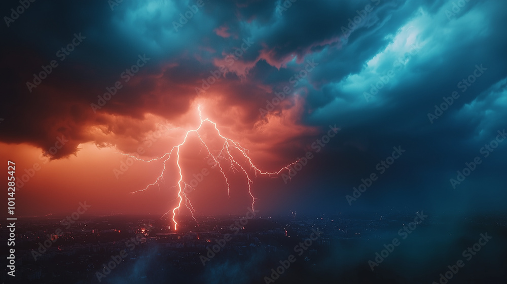Dramatic Thunderstorm Over City Skyline at Nighttime Dramatic Thunderstorm Over City Skyline at Nighttime