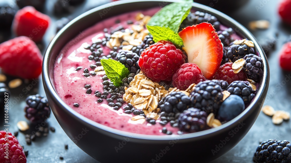 Delicious smoothie bowl topped with fresh berries, mint, and granola. Delicious smoothie bowl topped with fresh berries, mint, and granola.