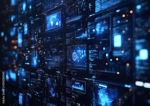 Wallpaper Mural Futuristic Digital Data Panels with Glowing Blue Interfaces Torontodigital.ca