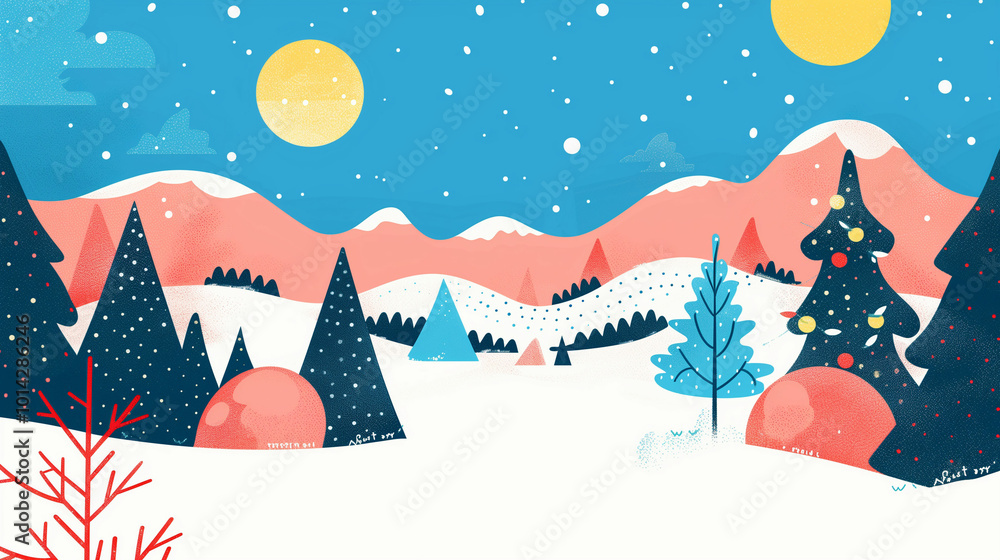 Winter landscape with colorful trees and snow-covered mountains under a bright blue sky Winter landscape with colorful trees and snow-covered mountains under a bright blue sky