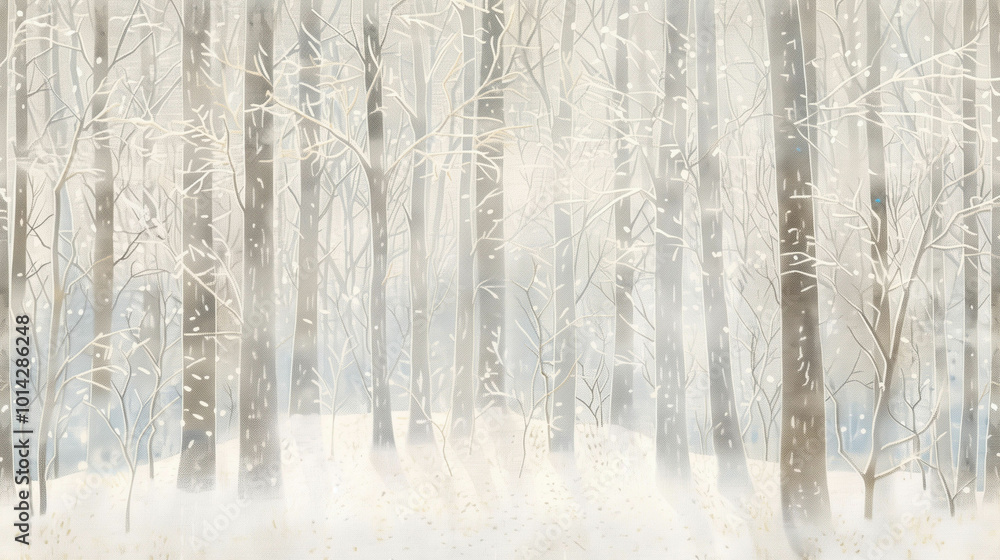 A serene winter landscape features snow-covered trees in a quiet forest during a gentle snowfall on a winter day A serene winter landscape features snow-covered trees in a quiet forest during a gentle snowfall on a winter day