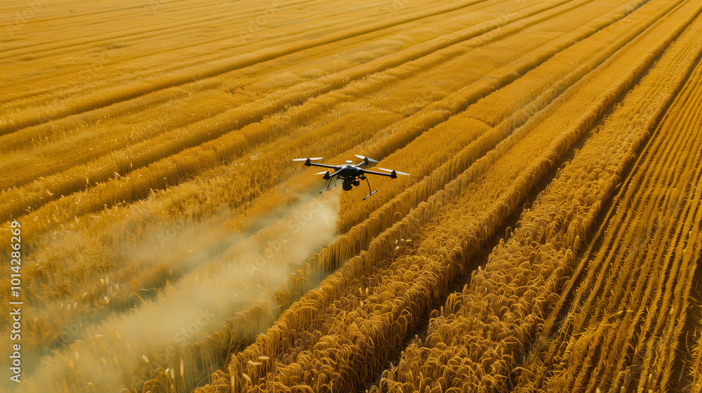 Obraz premium A drone glides over golden wheat fields, spraying crops under a bright blue sky during harvest season