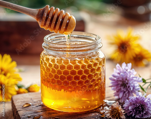 Honey dripping from wooden honey dipper into jar on table