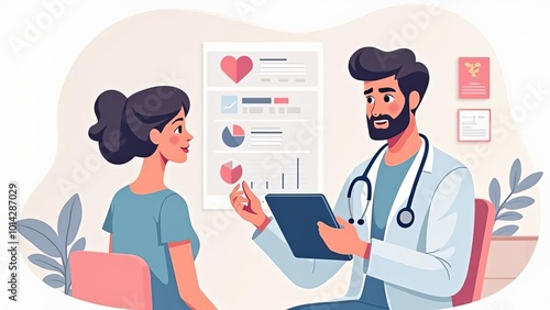 Doctor Patient Consultation Illustration: Healthcare Professional Discussing Medical Results with Female Client in Clinic Office