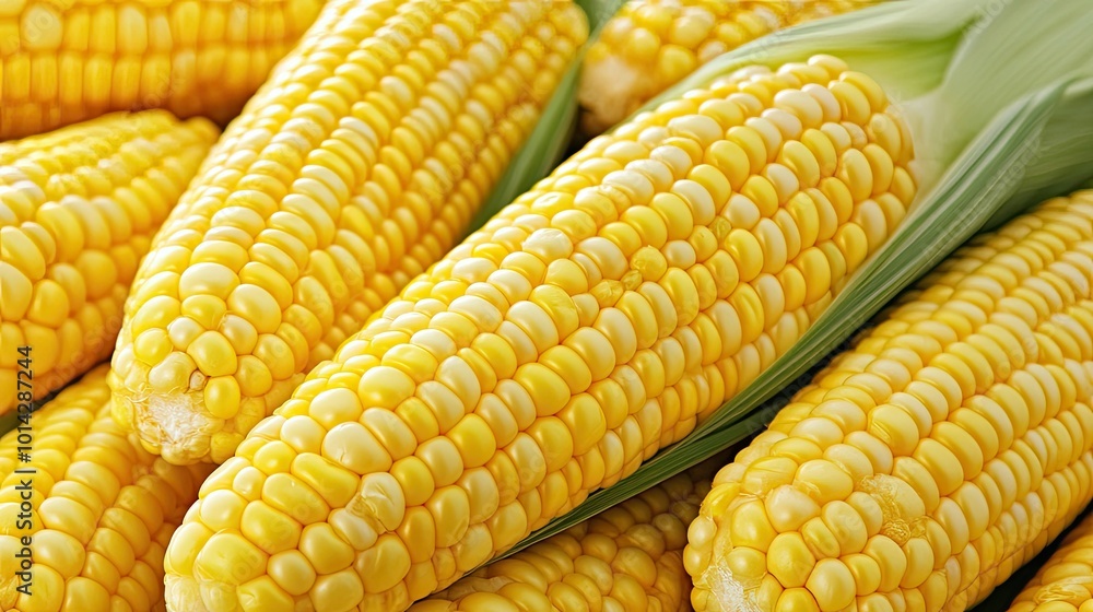 Close-up of fresh yellow corn on the cob with green husks. Close-up of fresh yellow corn on the cob with green husks.