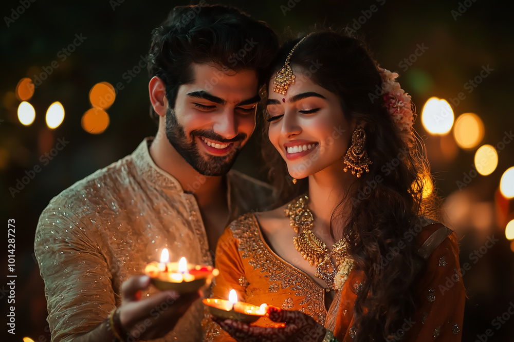 Indian couple celebrating Diwali with holding diwali lamp in hand, wearing festive wears Indian couple celebrating Diwali with holding diwali lamp in hand, wearing festive wears