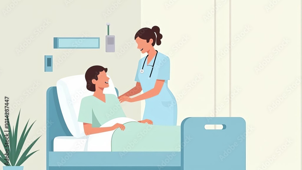 Pediatric Nurse Patient Cartoon: Caring Medical Professional Examining Child in Hospital Room Pediatric Nurse Patient Cartoon: Caring Medical Professional Examining Child in Hospital Room