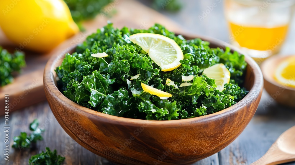 Fresh kale salad with lemon slices in a wooden bowl on a rustic table. Fresh kale salad with lemon slices in a wooden bowl on a rustic table.