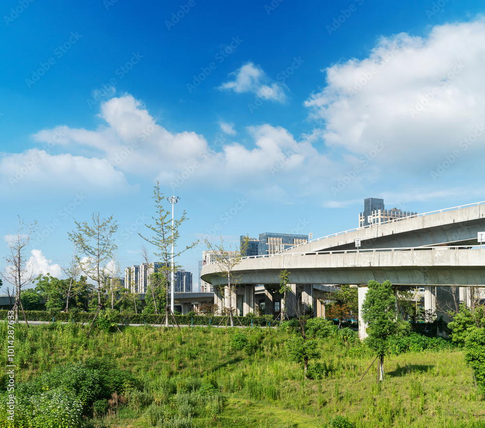 Highway overpass modern city skyline background Highway overpass modern city skyline background