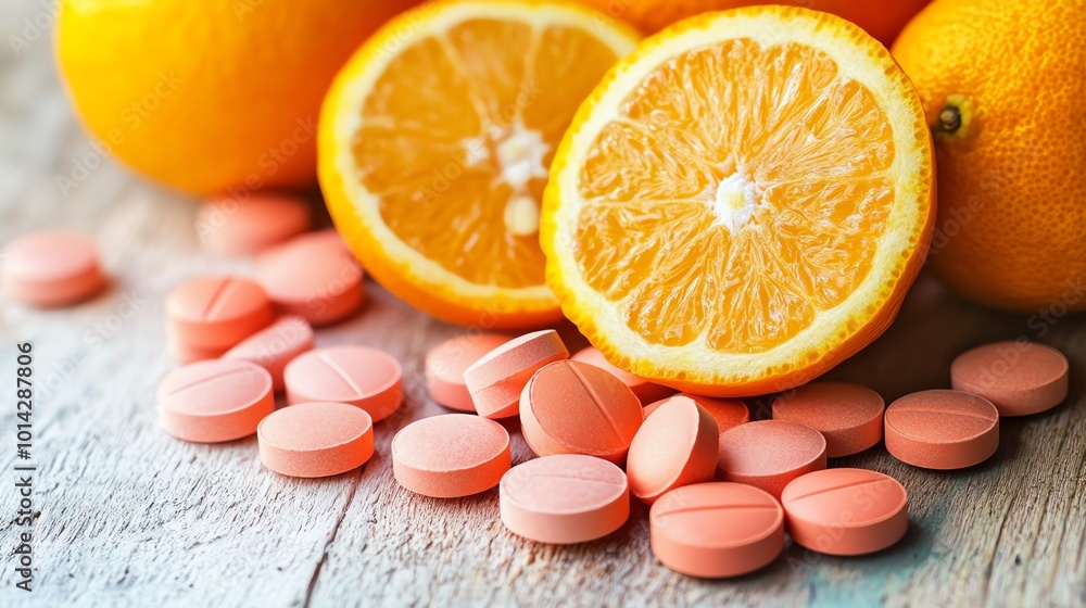 Fototapeta premium Fresh oranges with pink tablets on a wooden surface, healthy lifestyle.