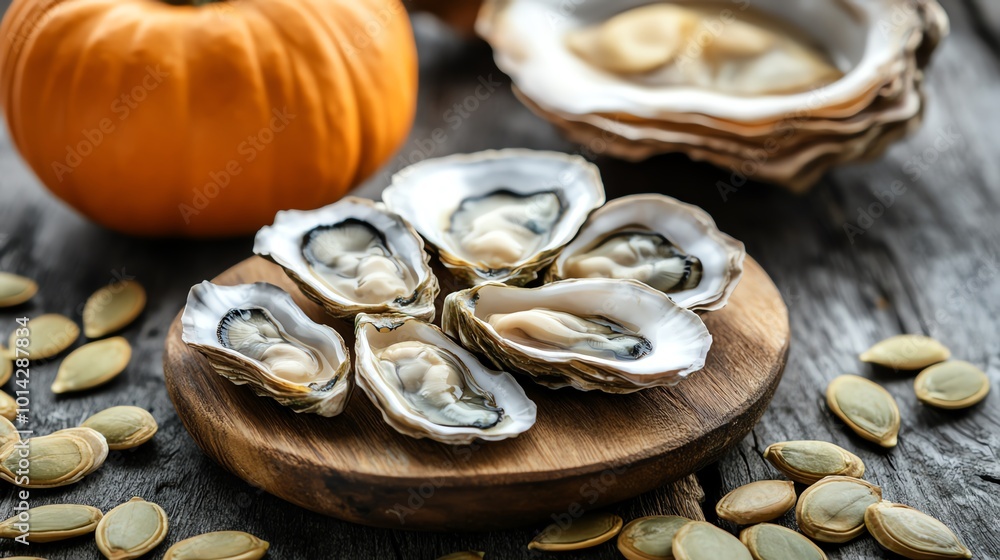 Fresh oysters on a wooden platter with pumpkin and seeds, rustic background. Fresh oysters on a wooden platter with pumpkin and seeds, rustic background.