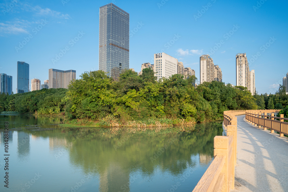 Naklejka premium Lakeside modern office building in China