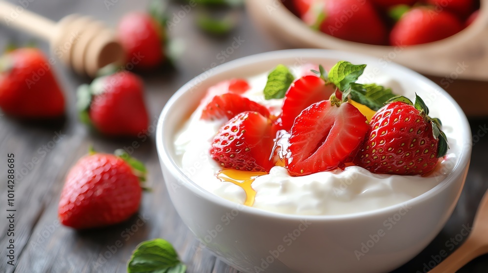 Fresh strawberries with yogurt and honey in a bowl, rustic wooden table. Fresh strawberries with yogurt and honey in a bowl, rustic wooden table.
