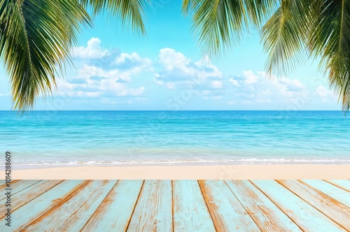 Empty wooden table overlooking a beautiful tropical beach