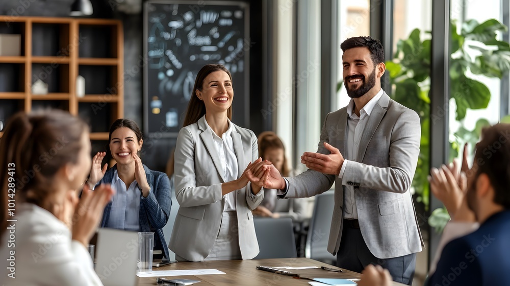 Obraz premium Business Colleagues Applauding a Colleague in a Meeting