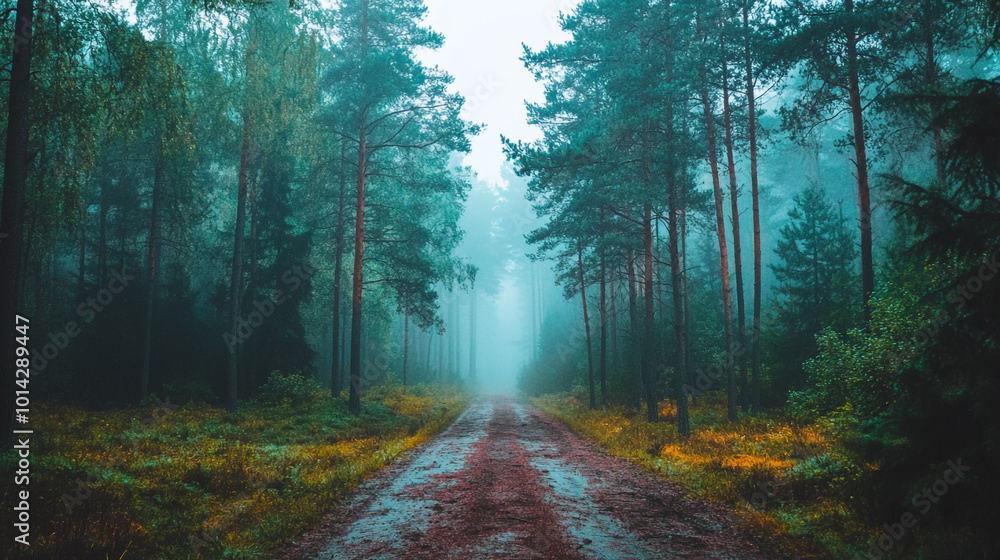 Obraz premium Foggy forest path surrounded by tall trees and vibrant undergrowth in early morning light