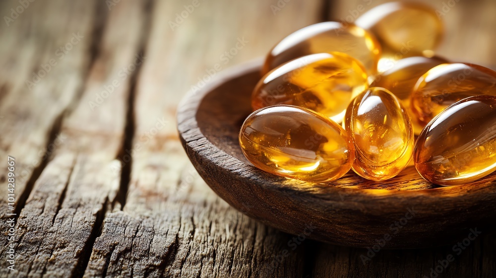 Golden capsules in a wooden bowl on rustic table, health supplements close-up. Golden capsules in a wooden bowl on rustic table, health supplements close-up.