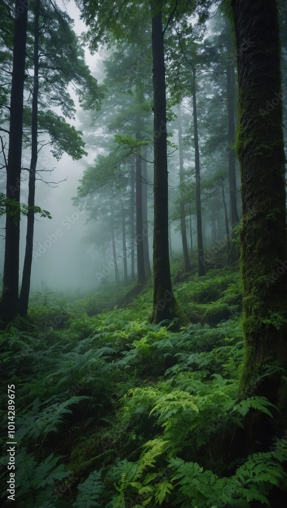 Obraz premium Dense foggy forest with ferns and moss-covered trees