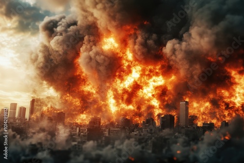 Wallpaper Mural Dramatic Cityscape Engulfed in Flames and Smoke Torontodigital.ca