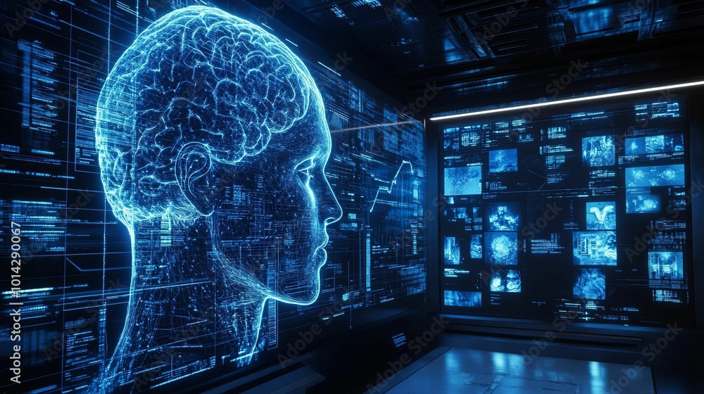 Digital Human Head with Network Connections in a Futuristic Room Digital Human Head with Network Connections in a Futuristic Room