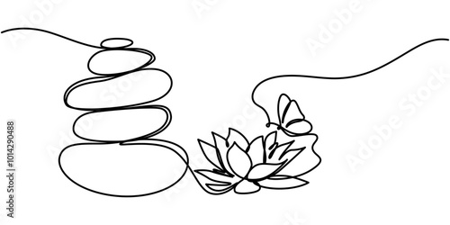 One continuous line drawing of wellness and spa treatment. stones and lotus flower with butterfly for zen and balance concept in simple linear style. Editable stroke. Doodle Vector illustration