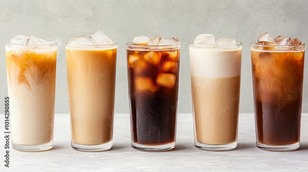 Refreshing Iced Coffee Selection in Clear Glasses on Gray Background - Cool Summer Drinks Menu Concept Refreshing Iced Coffee Selection in Clear Glasses on Gray Background - Cool Summer Drinks Menu Concept