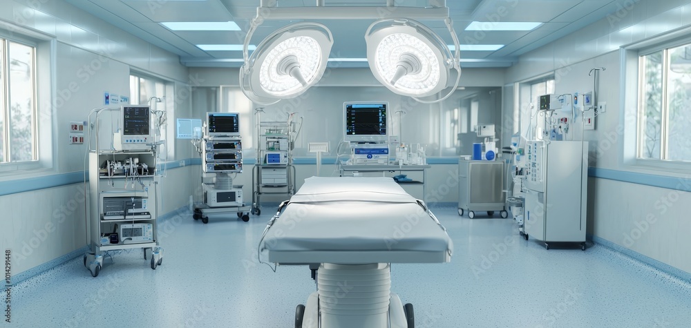 Sterile Operating Room with Surgical Table under Bright Lights - Clinical Hospital Setting for Medical Publications and Healthcare Concepts Sterile Operating Room with Surgical Table under Bright Lights - Clinical Hospital Setting for Medical Publications and Healthcare Concepts