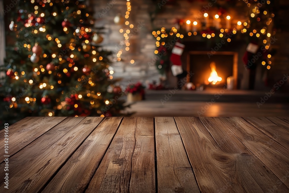 Festive Christmas Wooden Table Close-Up with Fireplace and Tree in Warm Cozy Atmosphere Festive Christmas Wooden Table Close-Up with Fireplace and Tree in Warm Cozy Atmosphere