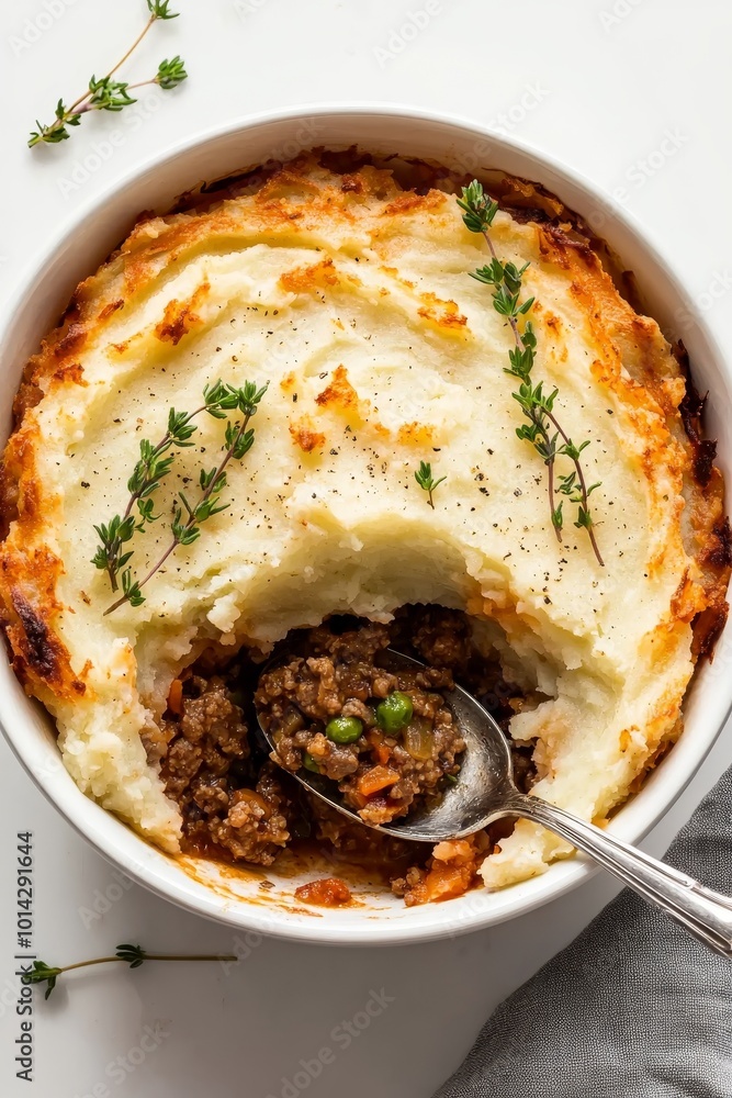 Savory Shepherd's Pie Delight Close-Up Macro View of Homestyle Dish with Creamy Potato Topping, Wholesome Meat, and Colorful Veggies on Clean White Background - Comfort Food Concept Savory Shepherd's Pie Delight Close-Up Macro View of Homestyle Dish with Creamy Potato Topping, Wholesome Meat, and Colorful Veggies on Clean White Background - Comfort Food Concept