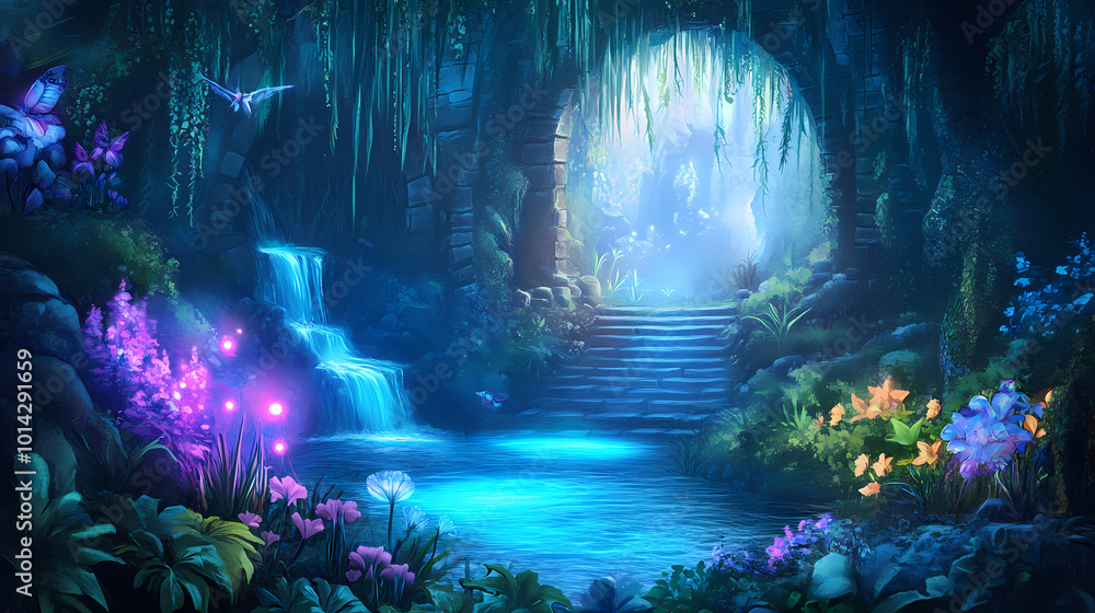 Fototapeta premium Mystic underground: enchanting dark fantasy dungeon with bioluminescent plants and underground river. Hidden Waterway. Illustration