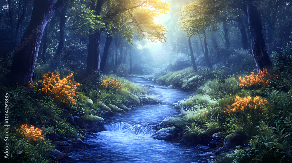 Mystical forest stream. Hidden Waterway. Illustration Mystical forest stream. Hidden Waterway. Illustration