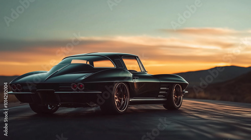 Classic Black Sports Car on Sunset Road