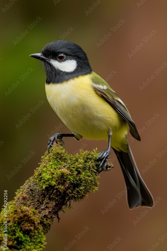 Closeup Great Tit Bird Perched on Mossy Branch in Enchanting Woodland Setting - Vibrant Yellow Plumage, Peaceful Nature Concept Closeup Great Tit Bird Perched on Mossy Branch in Enchanting Woodland Setting - Vibrant Yellow Plumage, Peaceful Nature Concept
