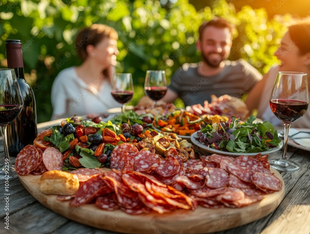 Sumptuous Delights Close-Up of Extravagant Charcuterie Board with Wine in Lush Vineyard Setting Sumptuous Delights Close-Up of Extravagant Charcuterie Board with Wine in Lush Vineyard Setting