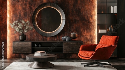 Modern living room interior design with a red armchair, a round coffee table, a bookshelf and a large round mirror against a dark wall. photo