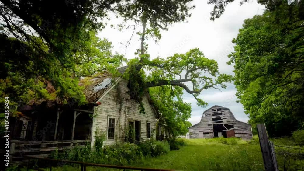 Overgrown Farmhouse and Barn in Rural Setting Overgrown Farmhouse and Barn in Rural Setting