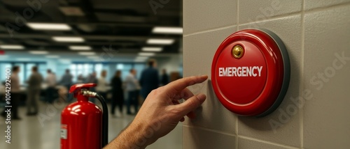 Wallpaper Mural Emergency Response Closeup of Hand Pressing Red Button in Busy Office Setting Torontodigital.ca