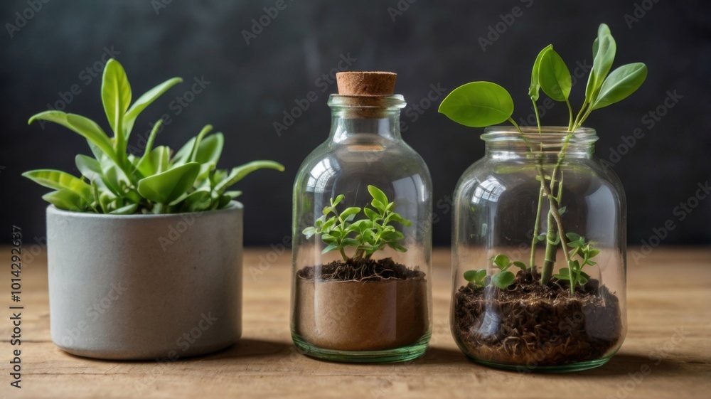 An arrangement of recyclable materials, such as glass bottles and cardboard, next to a small plant sprouting in a pot, symbolizing eco-conscious living. An arrangement of recyclable materials, such as glass bottles and cardboard, next to a small plant sprouting in a pot, symbolizing eco-conscious living.