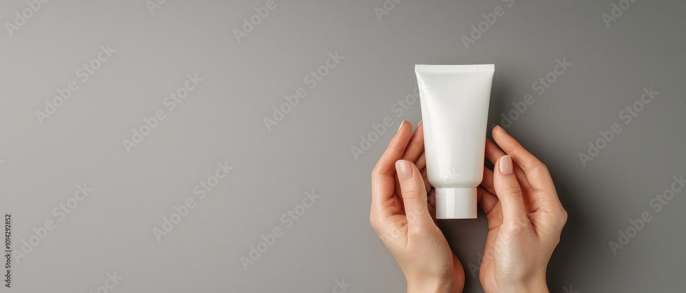 Minimalist Closeup of White Cream Tube Held in Hands on Grey Background - Clean, Calm Beauty Concept Minimalist Closeup of White Cream Tube Held in Hands on Grey Background - Clean, Calm Beauty Concept