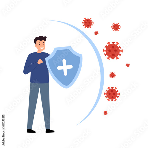 Immune system concept. . Health bacteria virus protection. Medical prevention human germ. Healthy man reflect bacteria attack with shield. Boost Immunity with medicine.
