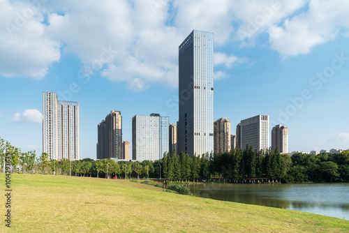 city park with modern building background in shanghai