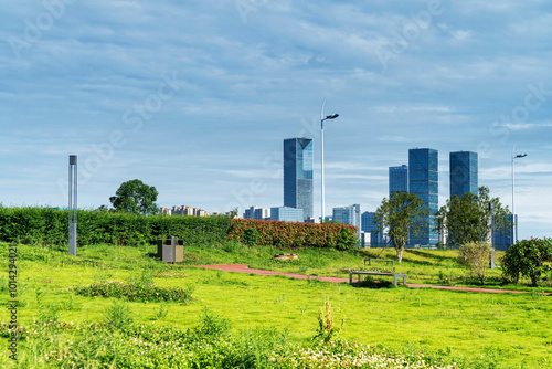 flower field in park at city center and modern city #1014294021