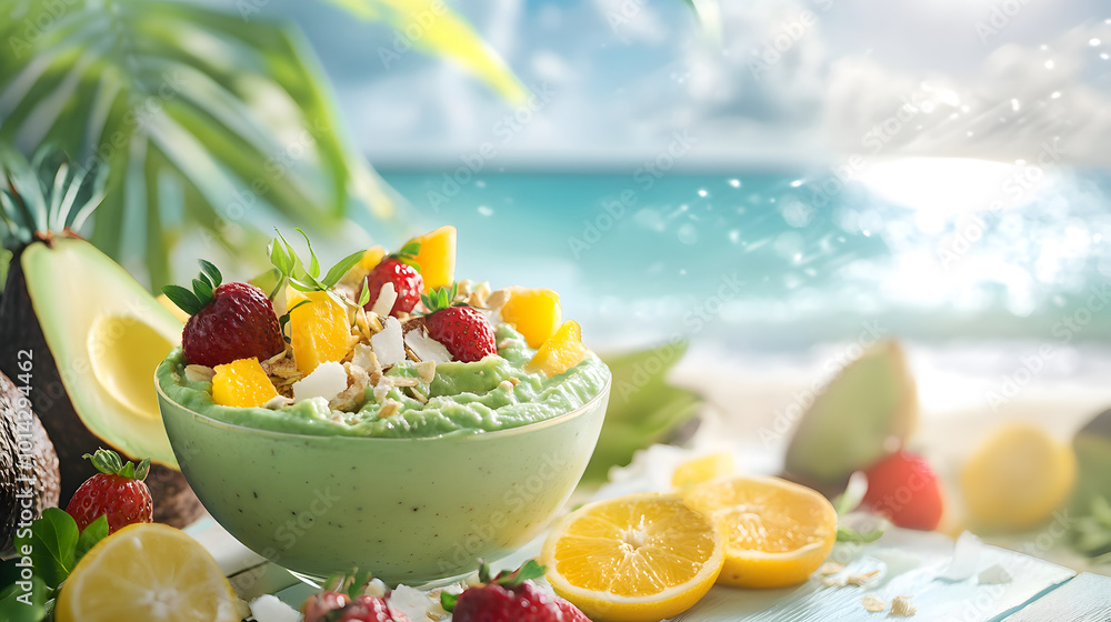 Refreshing Avocado Smoothie on Tropical Beach Refreshing Avocado Smoothie on Tropical Beach