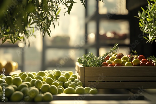 Fresh fruits and herbs beautifully arranged in a sunlit market setting, showcasing vibrant colors and natural textures. photo