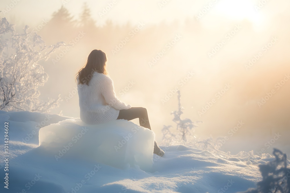 A serene scene of a woman sitting on snow, surrounded by a misty winter landscape, capturing the tranquility of a snowy morning. A serene scene of a woman sitting on snow, surrounded by a misty winter landscape, capturing the tranquility of a snowy morning.