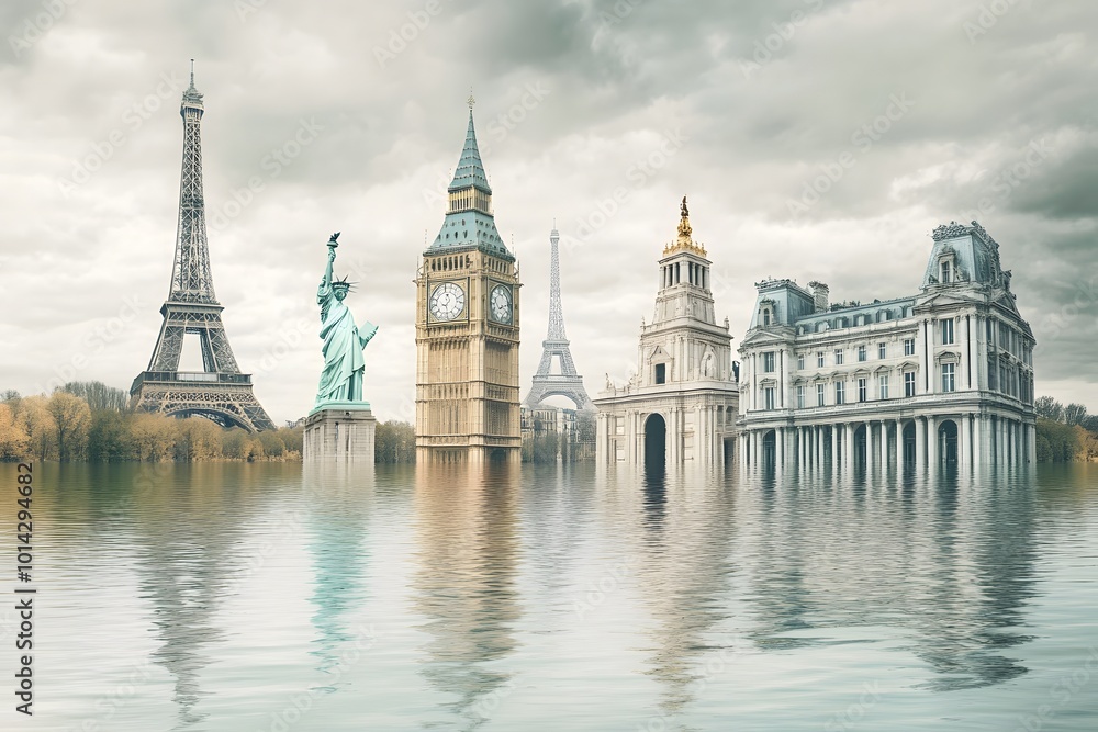 Naklejka premium A surreal scene featuring famous landmarks partially submerged in water, creating a dreamlike and evocative atmosphere.