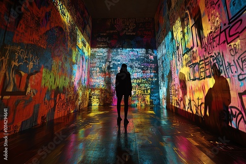 An individual stands in a vibrant space, surrounded by colorful graffiti and dynamic projections, creating an immersive atmosphere.