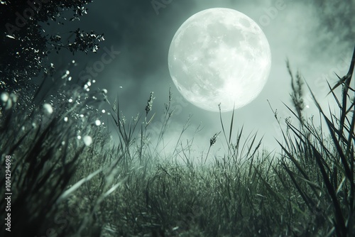 A serene nighttime landscape with a full moon illuminating tall grass under a misty sky, creating an ethereal atmosphere.