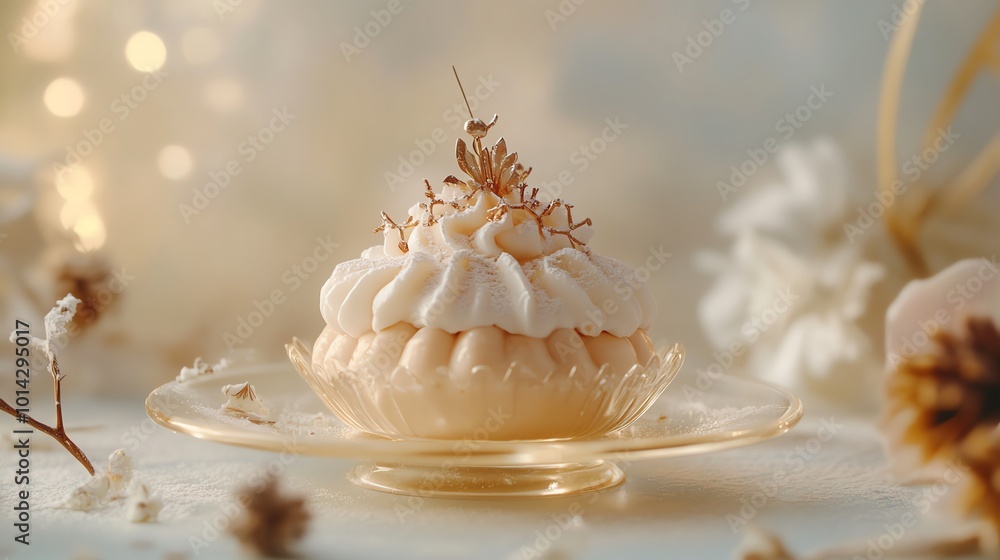 Delicious dessert placed elegantly on a glass plate, adorned with delicate toppings, perfect for festive celebrations. Delicious dessert placed elegantly on a glass plate, adorned with delicate toppings, perfect for festive celebrations.