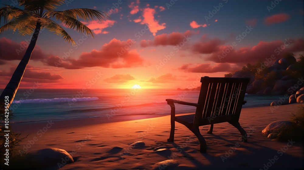 A relaxing sunset at the beach with lounge chairs overlooking the ocean and a tropical landscape A relaxing sunset at the beach with lounge chairs overlooking the ocean and a tropical landscape